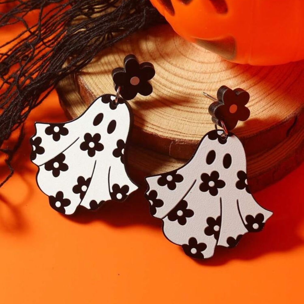 Black and White Ghost Floral Earrings